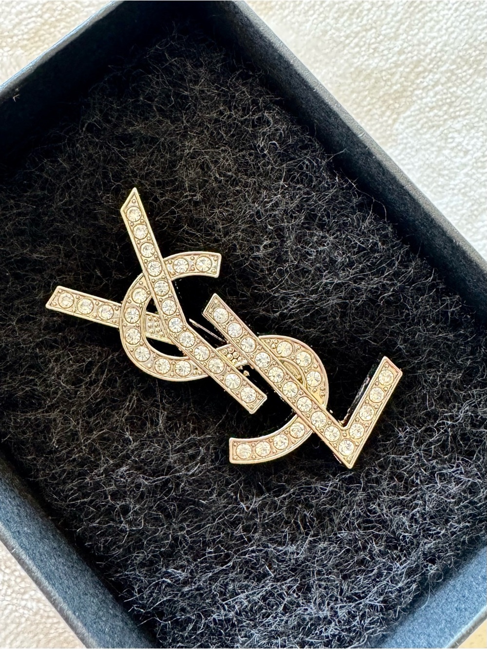 Saint Laurent Crystal-Embellished Logo Pin Brooch in Silver (not gold) - Picture 5 of 8